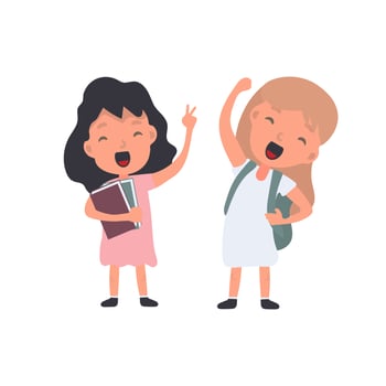 Two girls with books and backpacks standing and waving vector