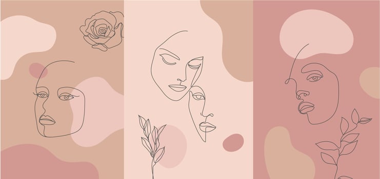 Vector minimalist style portrait. Continuous line flower, plant woman portrait. Hand drawn abstract feminine print. Use for social net stories, beauty logos, poster illustration, card, t-shirt print