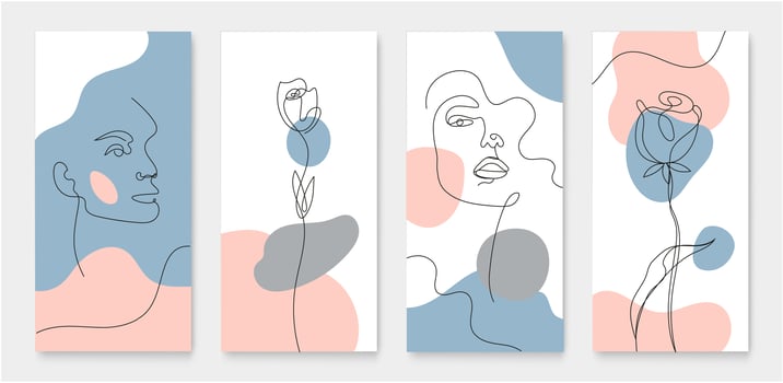 Vector set of covers for social media stories, cards, flyers, posters, mobile apps, banners. Linear style, woman face, flowers continuous line