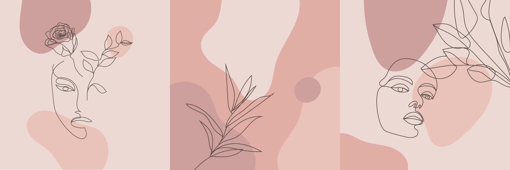 Vector beauty backgrounds, social media stories, posts feed layouts. Set of illustrations with one line continuous woman face and leaves, flowers. Contemporary collage with spots, square shape.