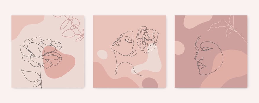 Vector beauty backgrounds, social media stories, posts feed layouts. Set of illustrations with one line continuous woman face and leaves. Contemporary collage with spots, square shape