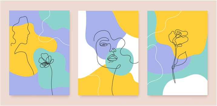 Vector set of abstract beauty and fashion linear covers, posters, banners, flyers with linear continuous line woman portrait, flowers. Art, illustration with wavy flow background.