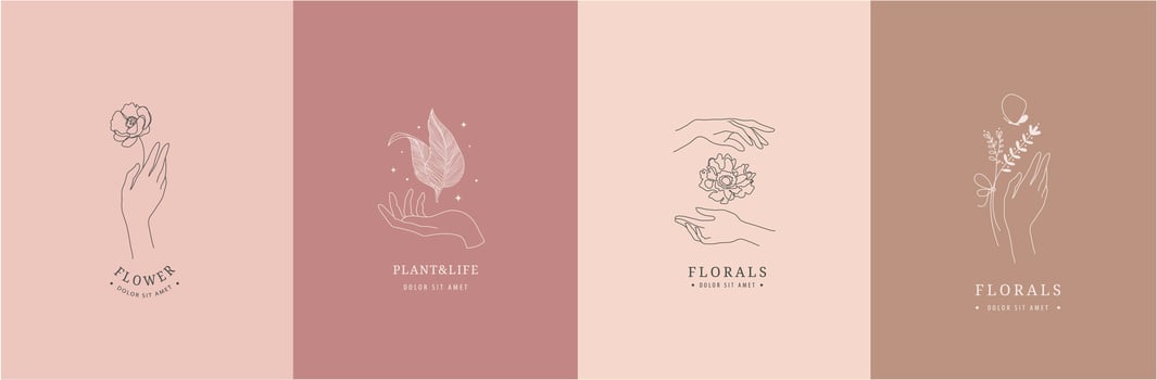 Vector set of Female hands gestures collection of line art hand drawn style illustrations. Hands holding flowers, plants. Floral logos, line icons, branding.