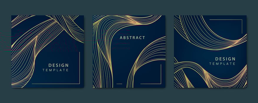 Vector set of abstract luxury golden square cards, post templates for social net, wavy line art background. Art Deco Pattern, texture for print, fabric, packaging design.