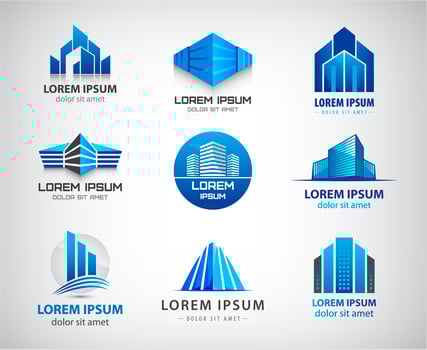 Vector set of blue, modern office, company buildings, skyscrapers logos, icons isolated