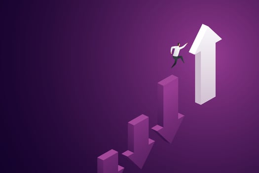 Businessman jump from falling arrows to rising arrows. vector