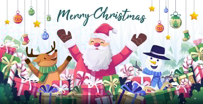 Merry Christmas banner background. Happy Santa Claus, reindeer and snowman merry Christmas along with decorations and gift boxes. winter, Christmas trees and snow background. Vector illustration