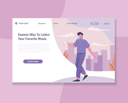 Landing Page Template. Young People Listen Music on Mobile Phone. man Characters with Mobile Enjoying Sound, Communicate. Cartoon People Vector Illustration