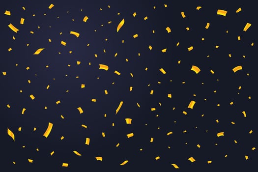 Golden confetti falling on dark blue background. Simple confetti falling illustration. Festival elements vector. Golden tinsel falling. Anniversary, birthday, and wedding celebration. vector