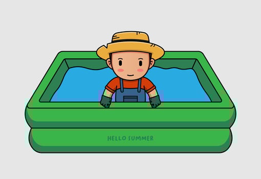 Cute farmer swimming with hello summer greeting banner vector
