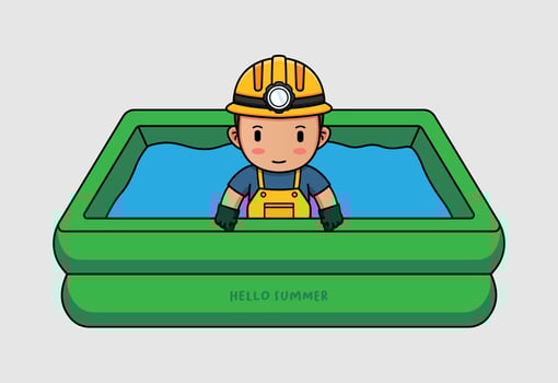 Cute miner swimming with hello summer greeting banner vector