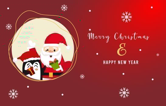 merry christmas and happy new year with cute santa claus and penguin vector illustration