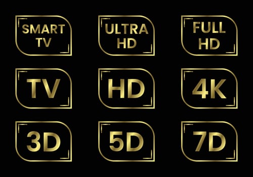 Golden TV icon set. TV labels TV HD 3D 5D 7D Smart TV Full HD 4K Ultra HD vector