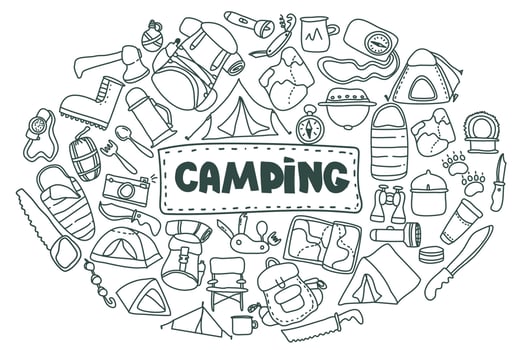 Doodle style camping set.hand drawn vector camping clip art set. Isolated on white background drawing for prints, poster, cute stationery, travel design. Nature, forest recreation, sport.