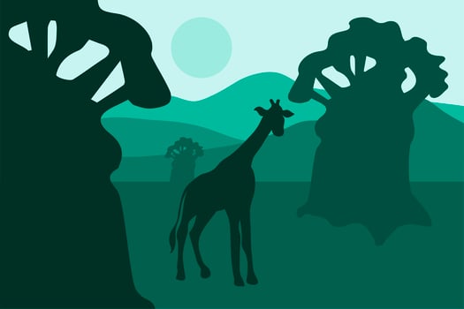 African landscape with baobabs and walking giraffe vector