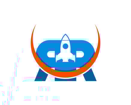 Rocket launch with R letter initial and orange swoosh vector