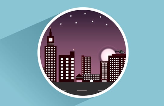 View nightsky modern skyscrapers on circle frame with stars, office building, moon and helicopter. Isolated blue background. Perfect for your all decoration. Vector illustration