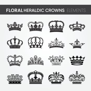 16 different high-quality modern minimalistic floral heraldic royal crown designs vector set. for kingdom kind of designs. heraldry emblem and symbol. the classic style. line art illustration.
