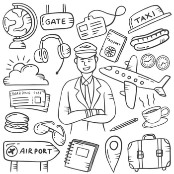 pilot doodle hand drawn set collections with outline black and white style vector
