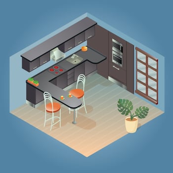 Interior of Kitchen. Isometric Modern Furniture Set. vector