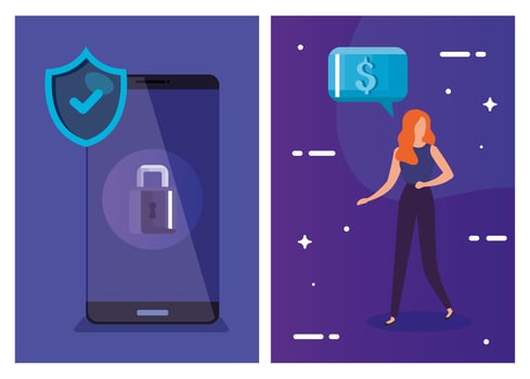 set poster with smartphone and businesswoman vector