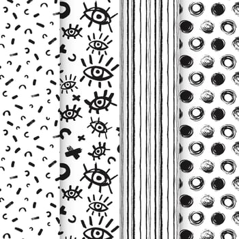 Black and white seamless patterns with ink brush and marker. Hand drawn doodle shapes, marks and lines. Vector
