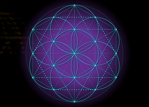 Flower of Life, Seed of life symbol Sacred Geometry, mystic mandala of alchemy esoteric sign. Vector blue neon bright color effect isolated on purple background