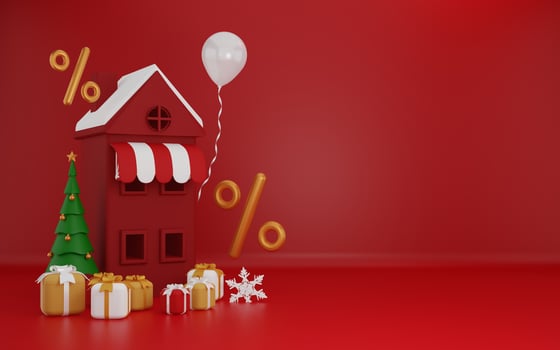 3d merry christmas on red background with snowman photo