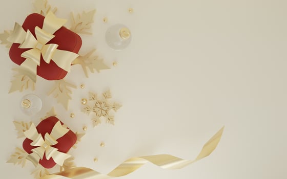 3d rendering of gold and red merry christmas with gift box and ornament photo