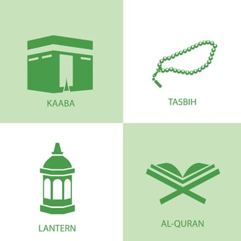 Set Icon Islamic Muslim Flat Design Vector Kaaba Tasbih Lantern Al-Quran Editable Free