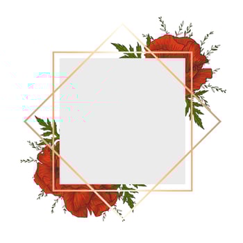 Vintage frame with flowers. Card with red poppies and green brunches. vector