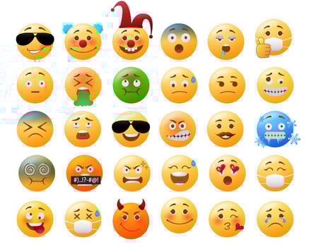 Emoji emoticon vector set. Icon yellow face in funny, sick, dizzy and cold facial expressions isolated in white background for emoticon collection design. Vector illustration