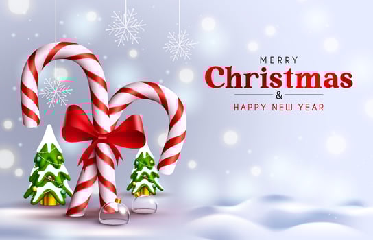 Merry christmas vector background design. Merry christmas greeting text with candy cane and miniature pine tree element for xmas holiday decoration. Vector illustration