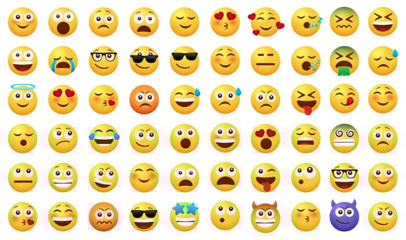 Emoticon emojis vector set. Emoji characters with happy, funny, sad and in love facial expressions isolated in white background for emoticons icon cartoon collection design. Vector illustration