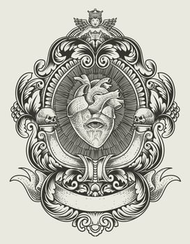 illustration antique heart with vintage engraving frame vector
