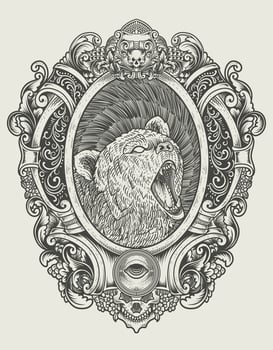 illustration vintage grizzly bear with engraving style vector