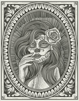 illustration sugar lady skull with engraving style vector