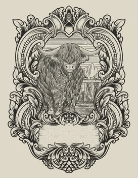 illustration vintage bull with engraving style vector