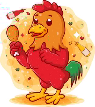 Red rooster holding fried chicken and giving thumbs up vector