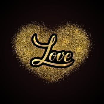 Love calligraphy hand lettering written on gold glitter heart. Valentines day typography poster. Easy to edit element of design for banner, invitation, greeting card, flyer, etc. vector