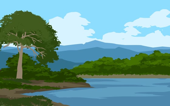 Beautiful rural forest with river and mountain vector