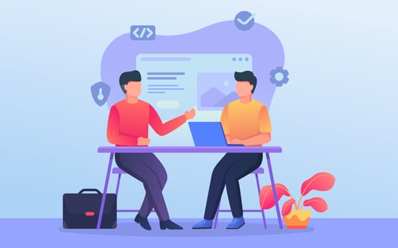 programmer or developer discussion team when work on office with related background theme vector