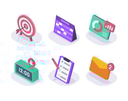 business set collection goals calendar graph time clipboard and envelope isometric icon with modern flat style color vector