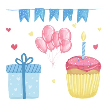 Watercolor birthday party elements set cake gift balls , blue pink on white vector