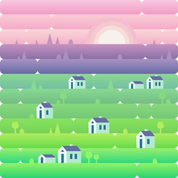 Landscape nature and small houses, village, countryside on the hills in the morning. Sunrise. Vector illustration in flat and gradient style