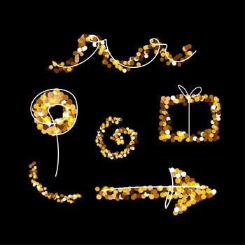 Christmas Gold Glitter Set, gift box, spiral, arrow, curl. Merry Christmas and New Year holiday elements for a card, poster, website, banner. Glittery vector illustration