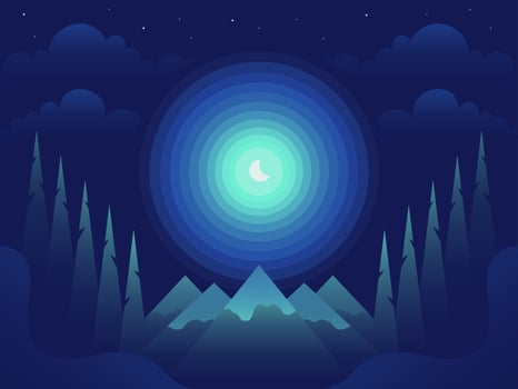 Mountain landscape at night with blue sky and shining month. Vector illustration in flat gradient style