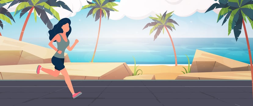 A cartoon woman running on the beach with palm trees vector