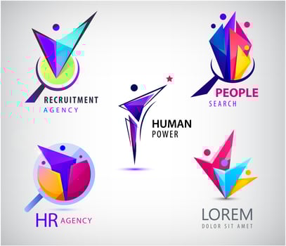 Vector set of human, faceted people logo. Hr search, recruitment logos. Origami people, 3, 4,1 person inside the magnifier, job search