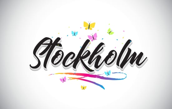 Stockholm Handwritten Vector Word Text with Butterflies and Colorful Swoosh.